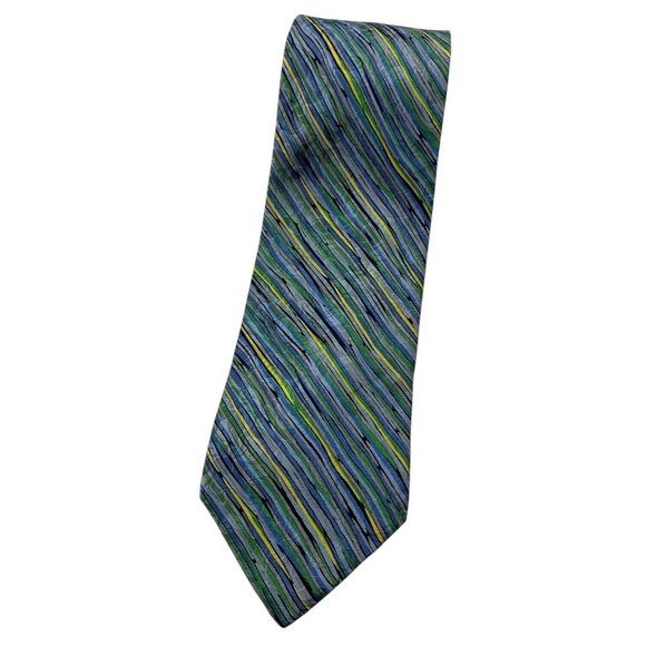 CARNAVAL DE VENISE Men's 100% Silk Necktie LUXURY Blue Green Striped W:3.8" EUC - Picture 1 of 5